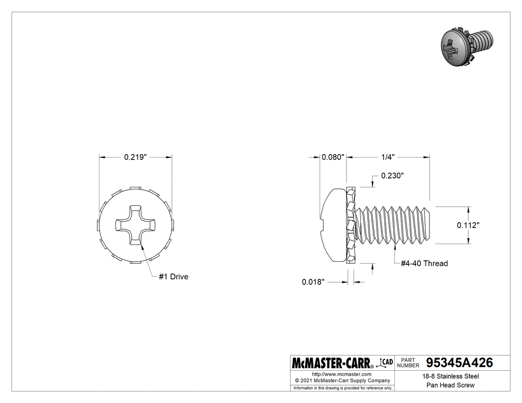 Technical Drawing of 18-8 Stainless Steel Pan Head Screw, with External-Tooth Lock Washer, 4-40 Thread Size, 1/4" Long.